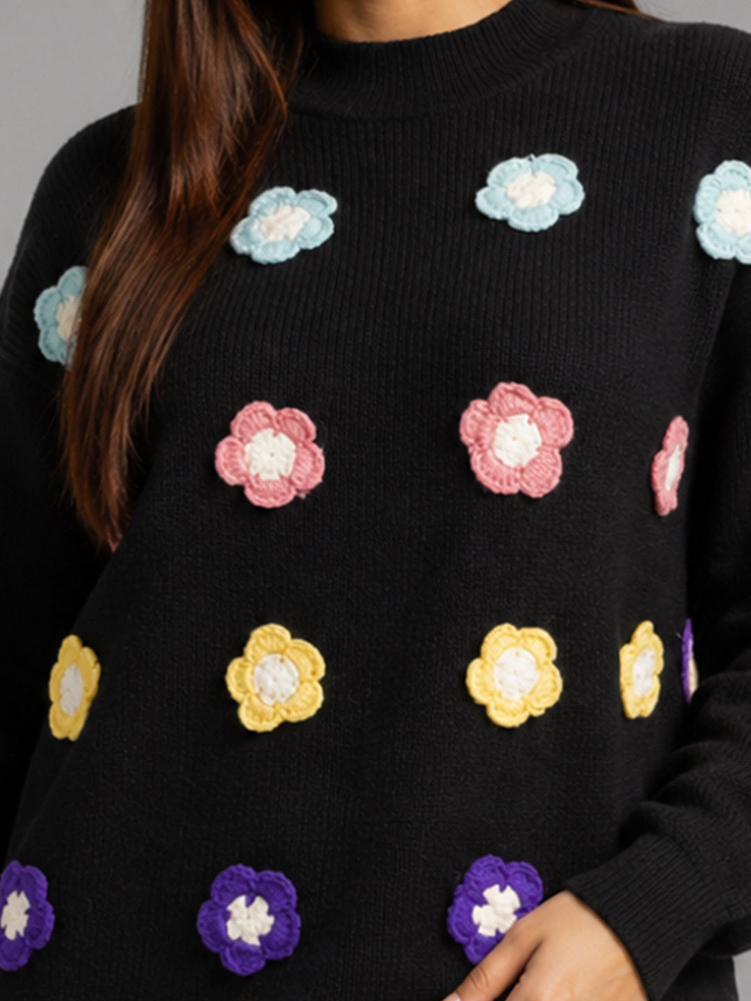 Women Floral Applique Mock Neck Full Sleeve Sweater – Black