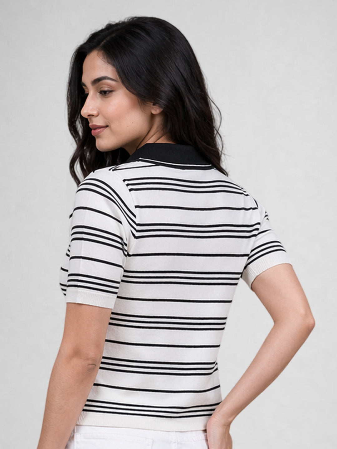Women White & Black Striped Polo Collar T-Shirt