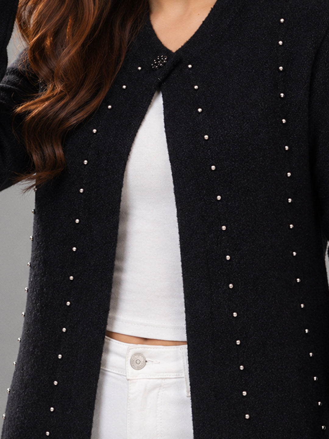 Women Black Pearl Embellished Longline Cardigan