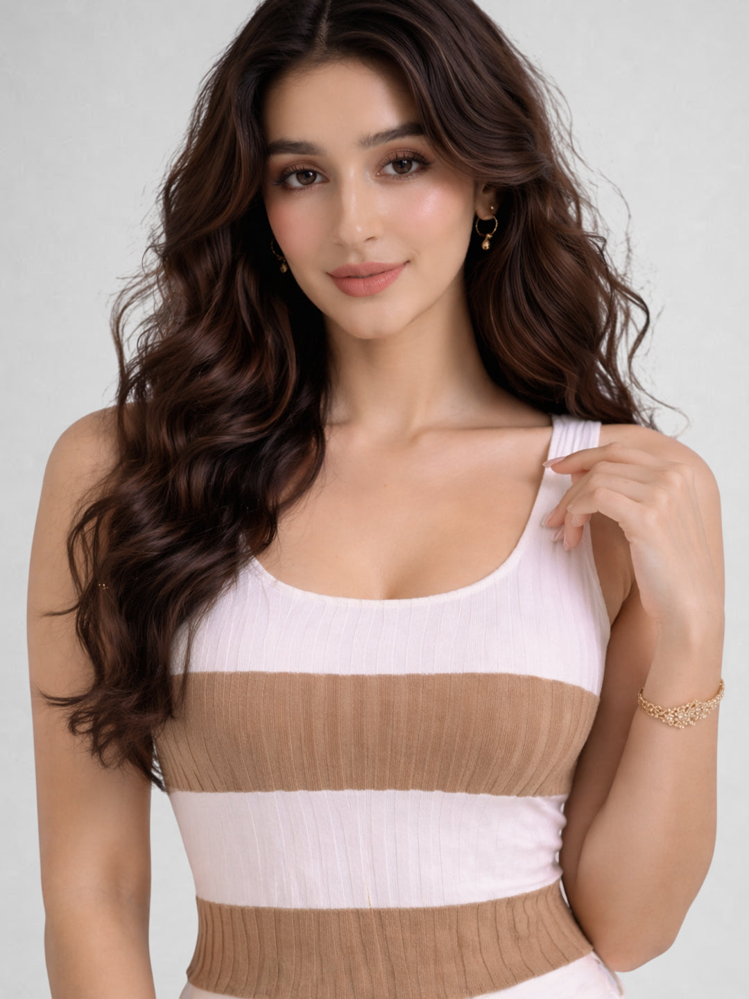 Women Cotton Ribbed Colorblock Sleeveless Crop Top – Brown