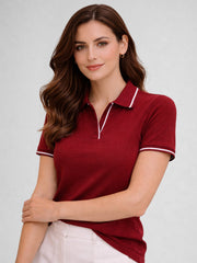 Women Solid Polo Collar Short Sleeve T-Shirt – Maroon