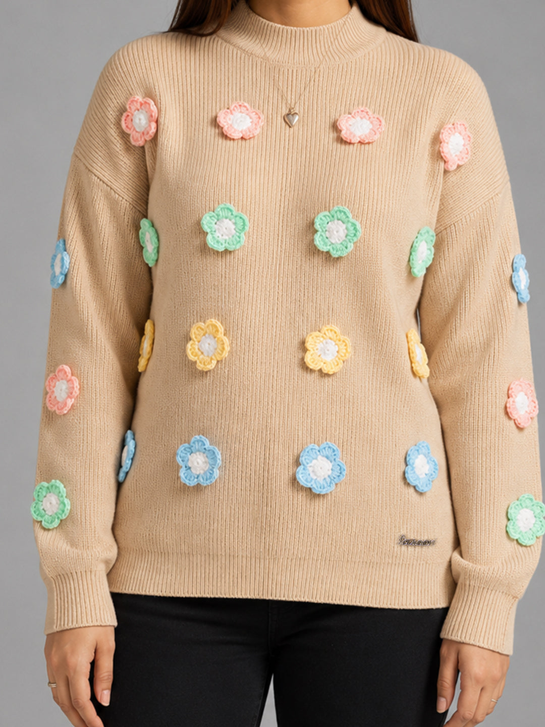 Women Floral Applique Mock Neck Full Sleeve Sweater – Beige