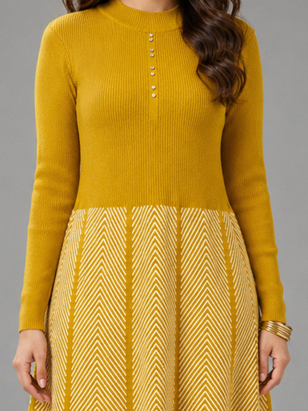 Women Mustard Yellow Knit Winter Midi Dress
