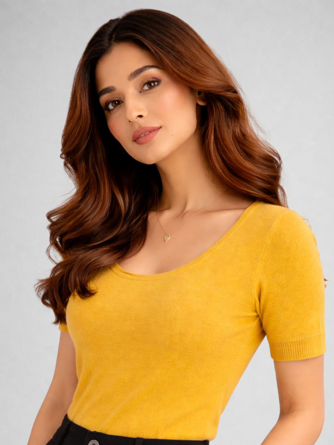 Women Cotton Ribbed Scoop Neck Half Sleeve Top Yellow