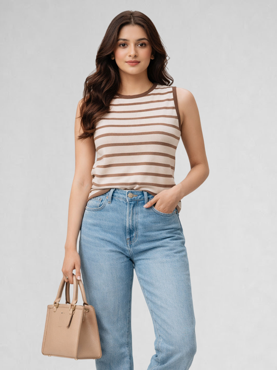 Women Cotton Striped Sleeveless Tank Top – Brown