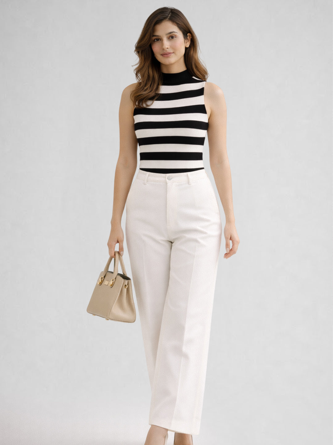 Women Cotton Striped High Neck Sleeveless Crop Top – Black