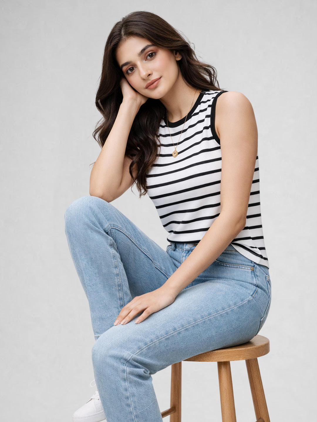 Women Cotton Striped Sleeveless Tank Top – Black