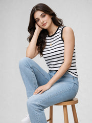 Women Cotton Striped Sleeveless Tank Top – Black