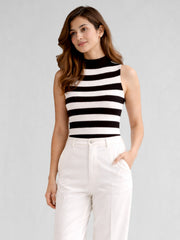 Women Cotton Striped High Neck Sleeveless Crop Top – Black