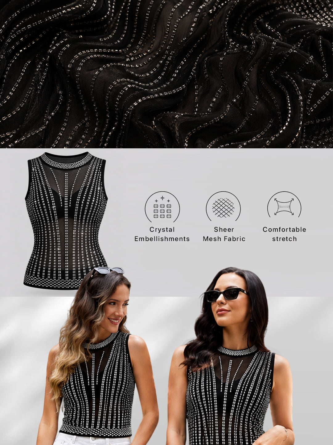 Women Embellished Sleeveless Mesh Party Top