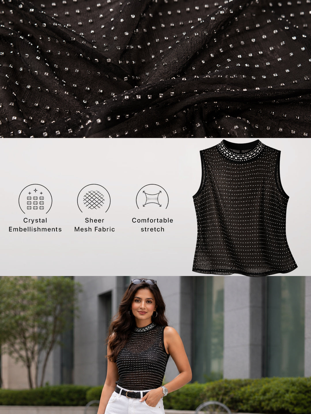 Women Embellished Sheer Mesh Party Top