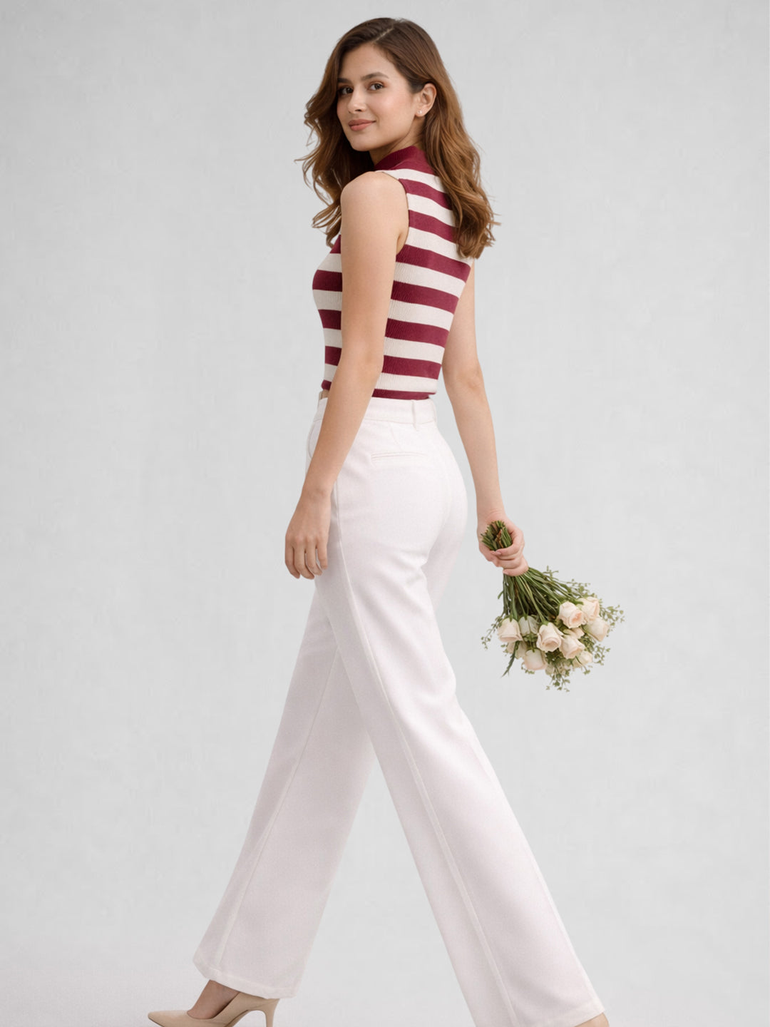 Women Cotton Striped High Neck Sleeveless Crop Top – Dark Magenta