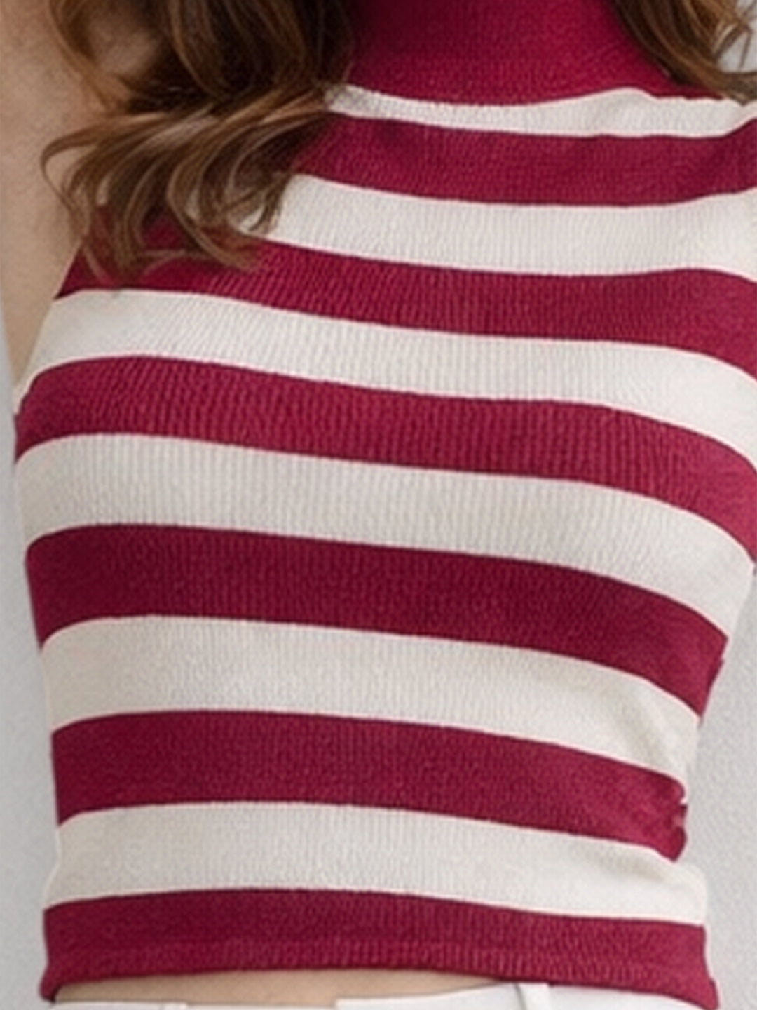Women Cotton Striped High Neck Sleeveless Crop Top – Dark Magenta