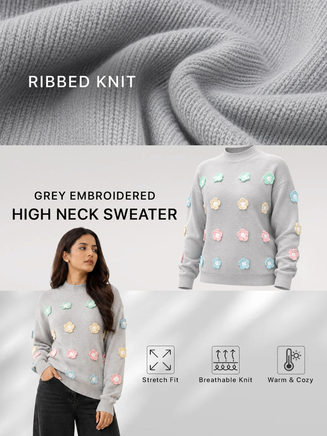 Women Floral Applique Mock Neck Full Sleeve Sweater – Grey