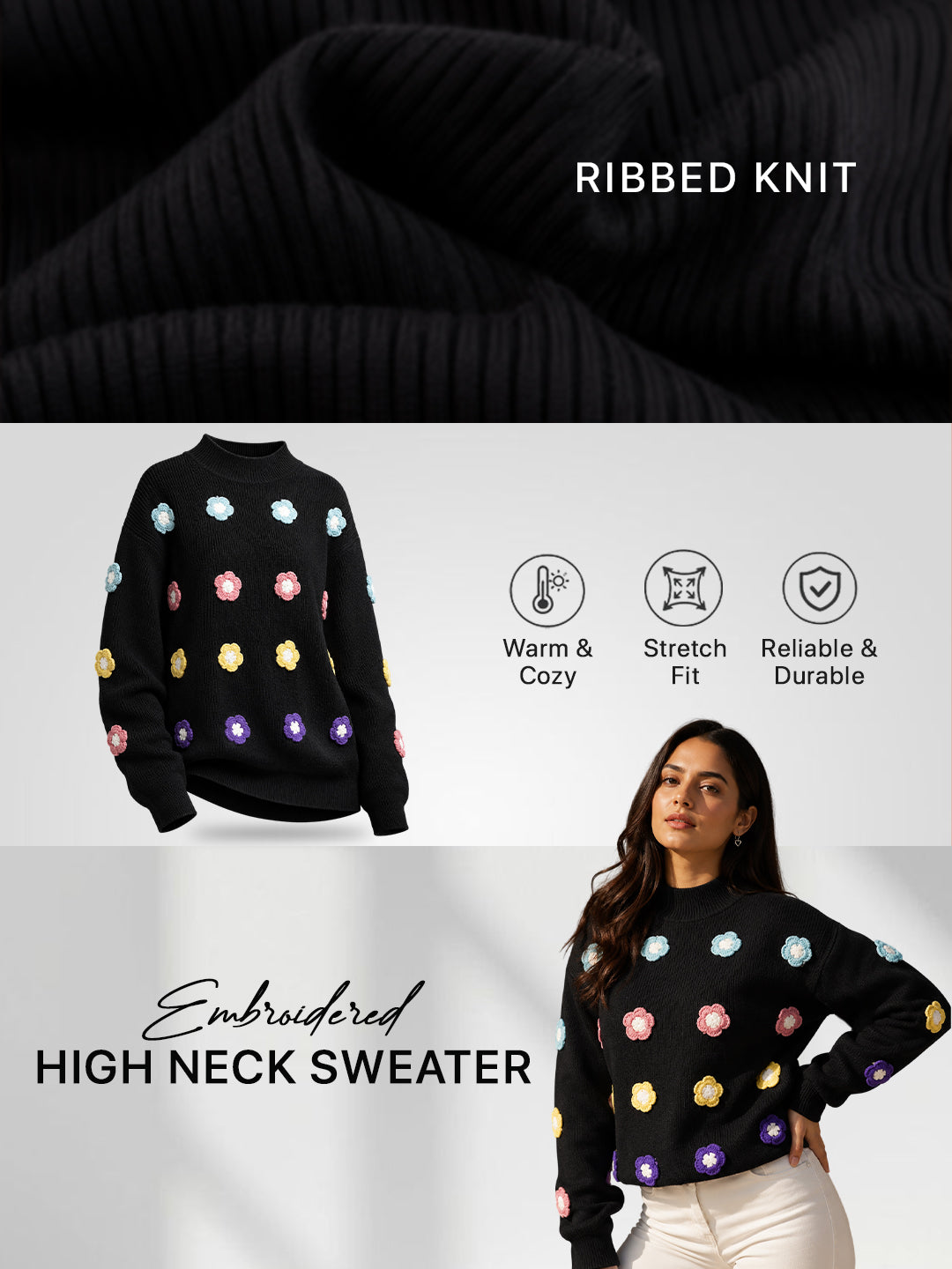 Women Floral Applique Mock Neck Full Sleeve Sweater – Black