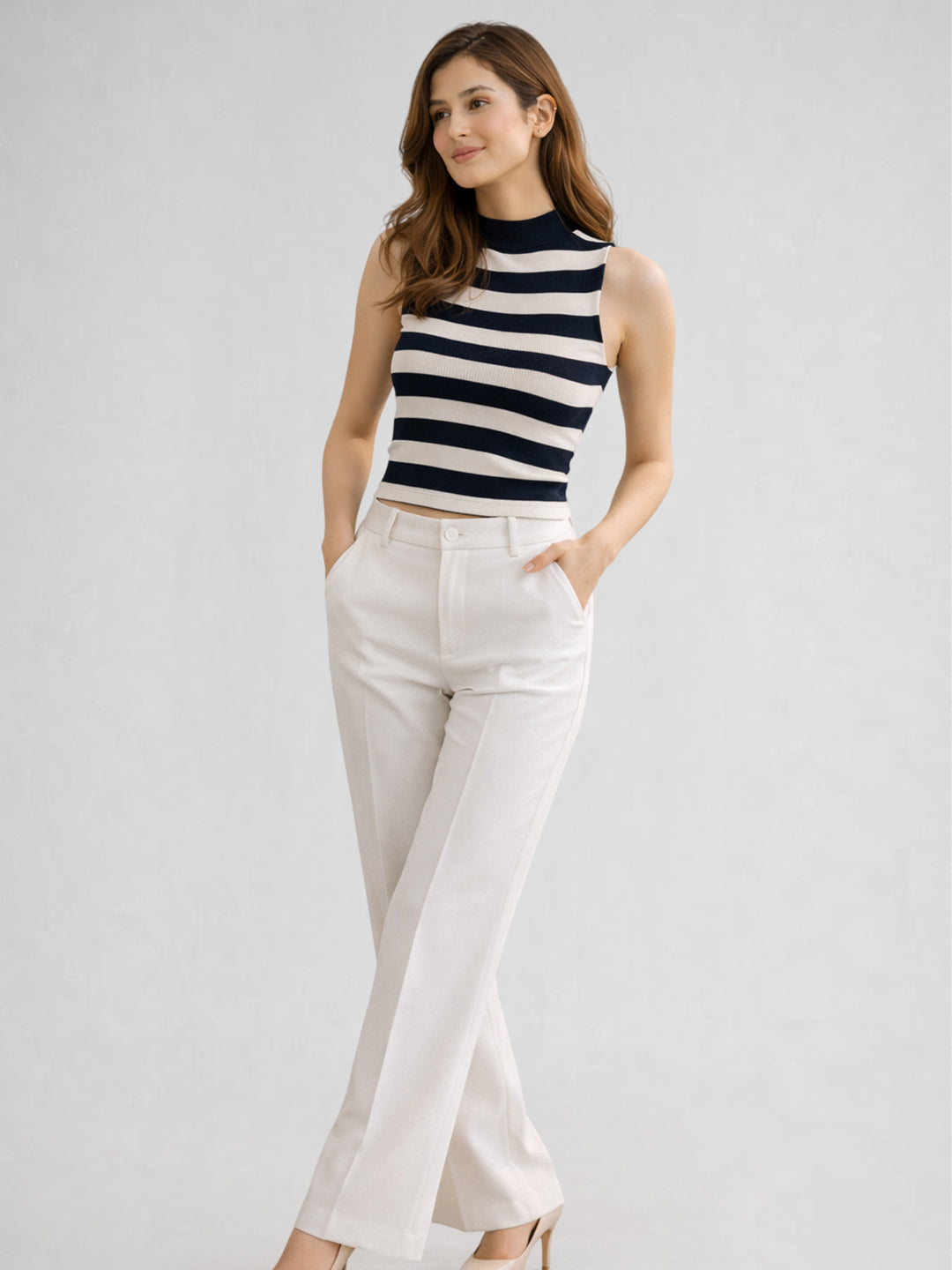 Women Cotton Striped High Neck Sleeveless Crop Top – Navy Blue
