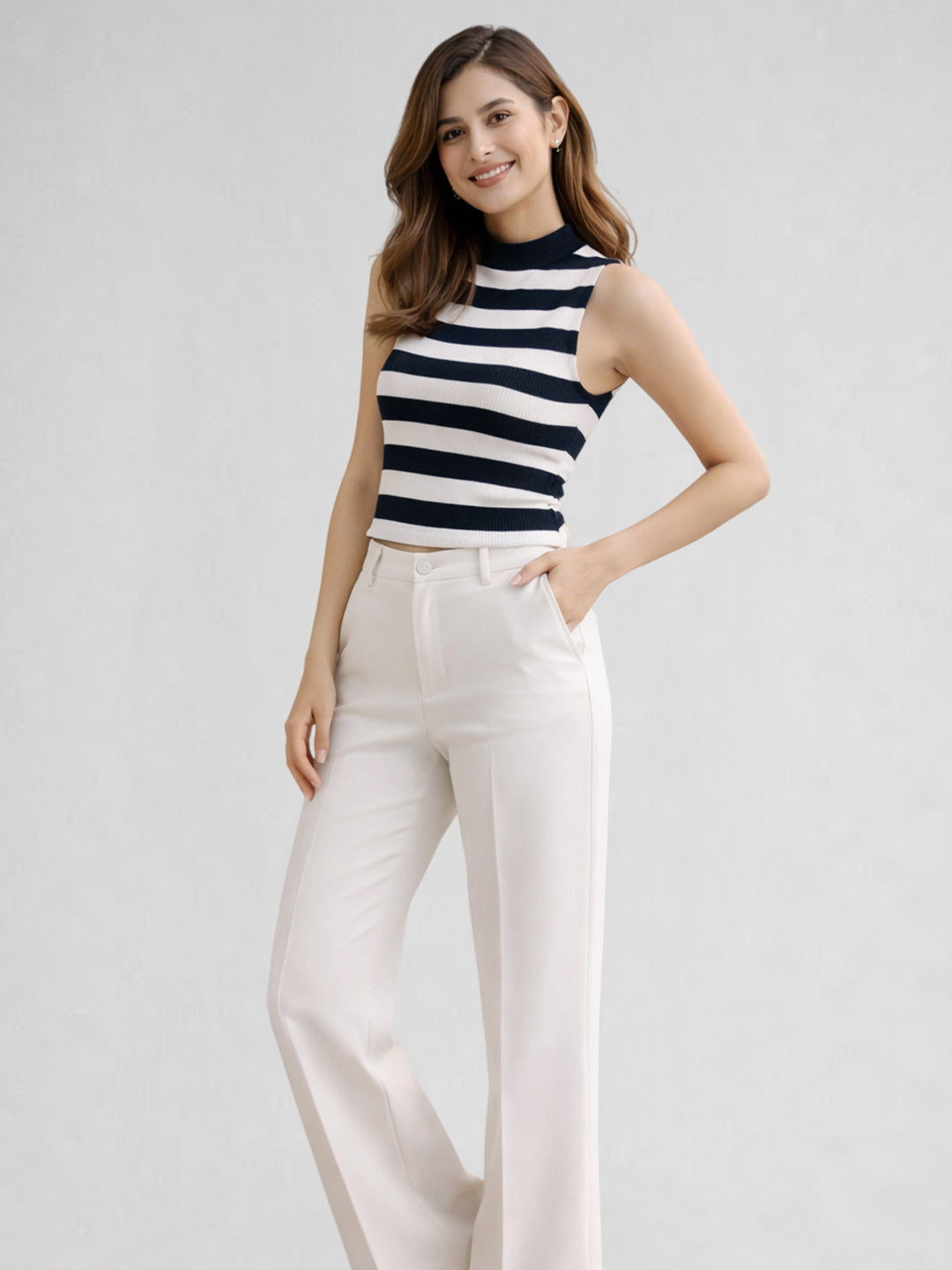 Women Cotton Striped High Neck Sleeveless Crop Top – Navy Blue