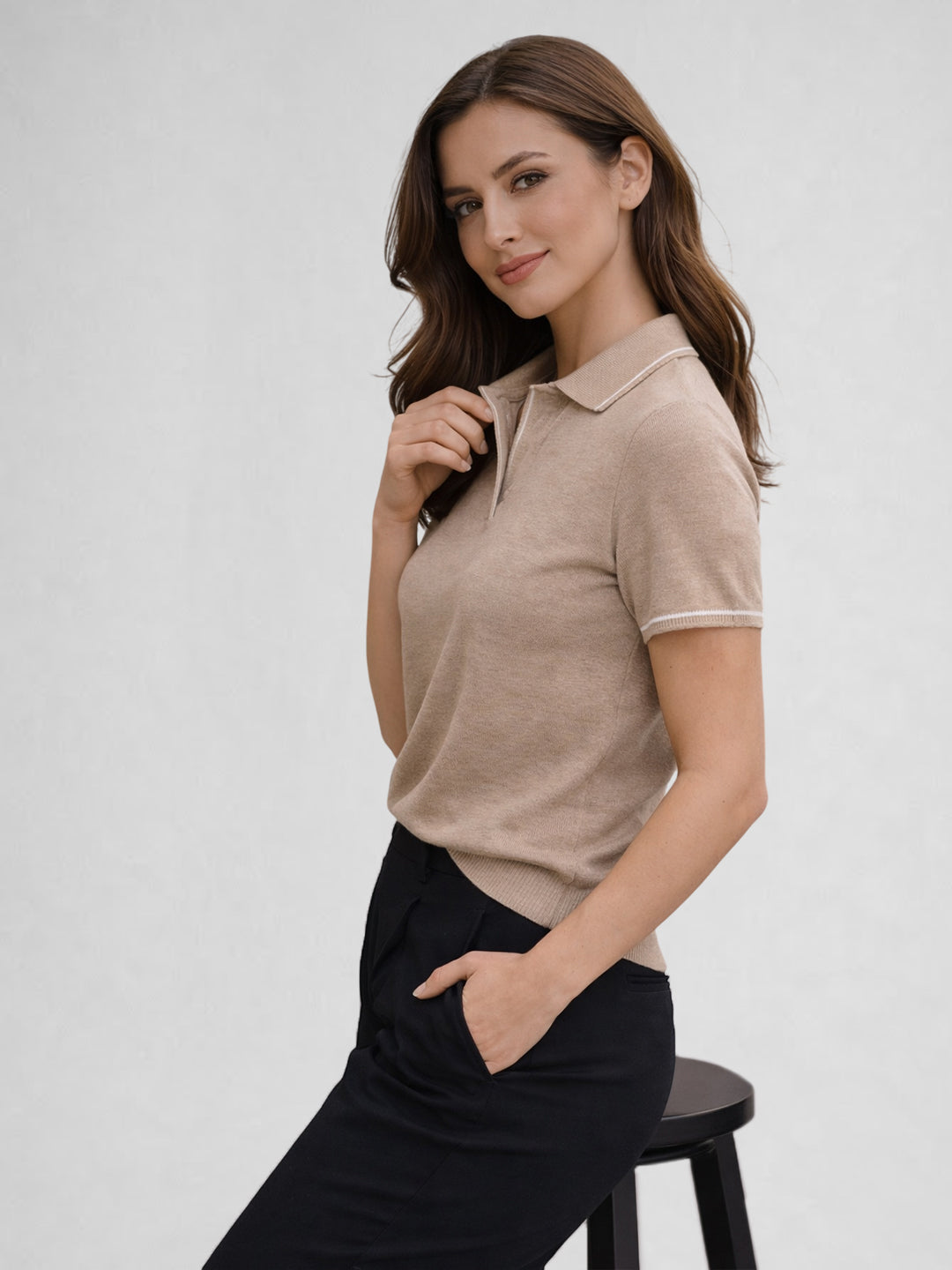 Women Solid Polo Collar Short Sleeve T-Shirt – Beige