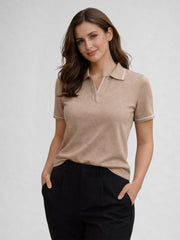 Women Solid Polo Collar Short Sleeve T-Shirt – Beige