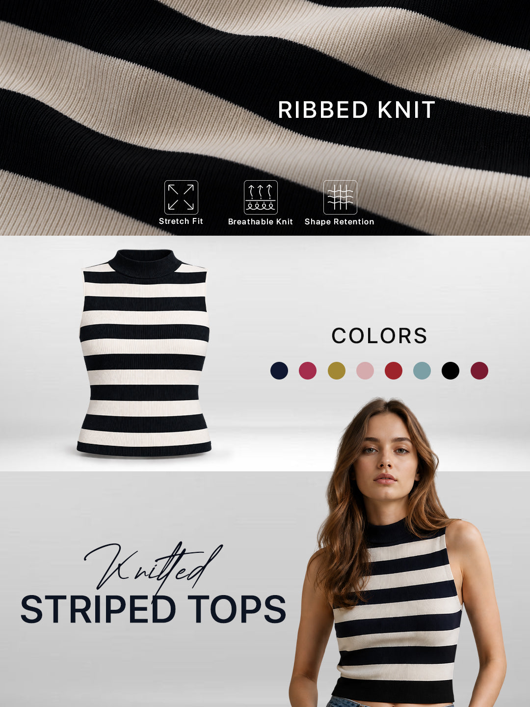 Women Cotton Striped High Neck Sleeveless Crop Top – Maroon