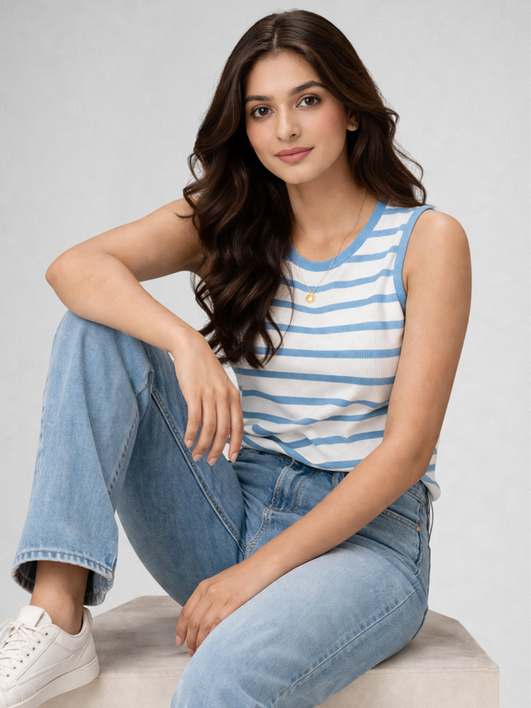 Women Cotton Striped Sleeveless Tank Top – Turquoise Blue