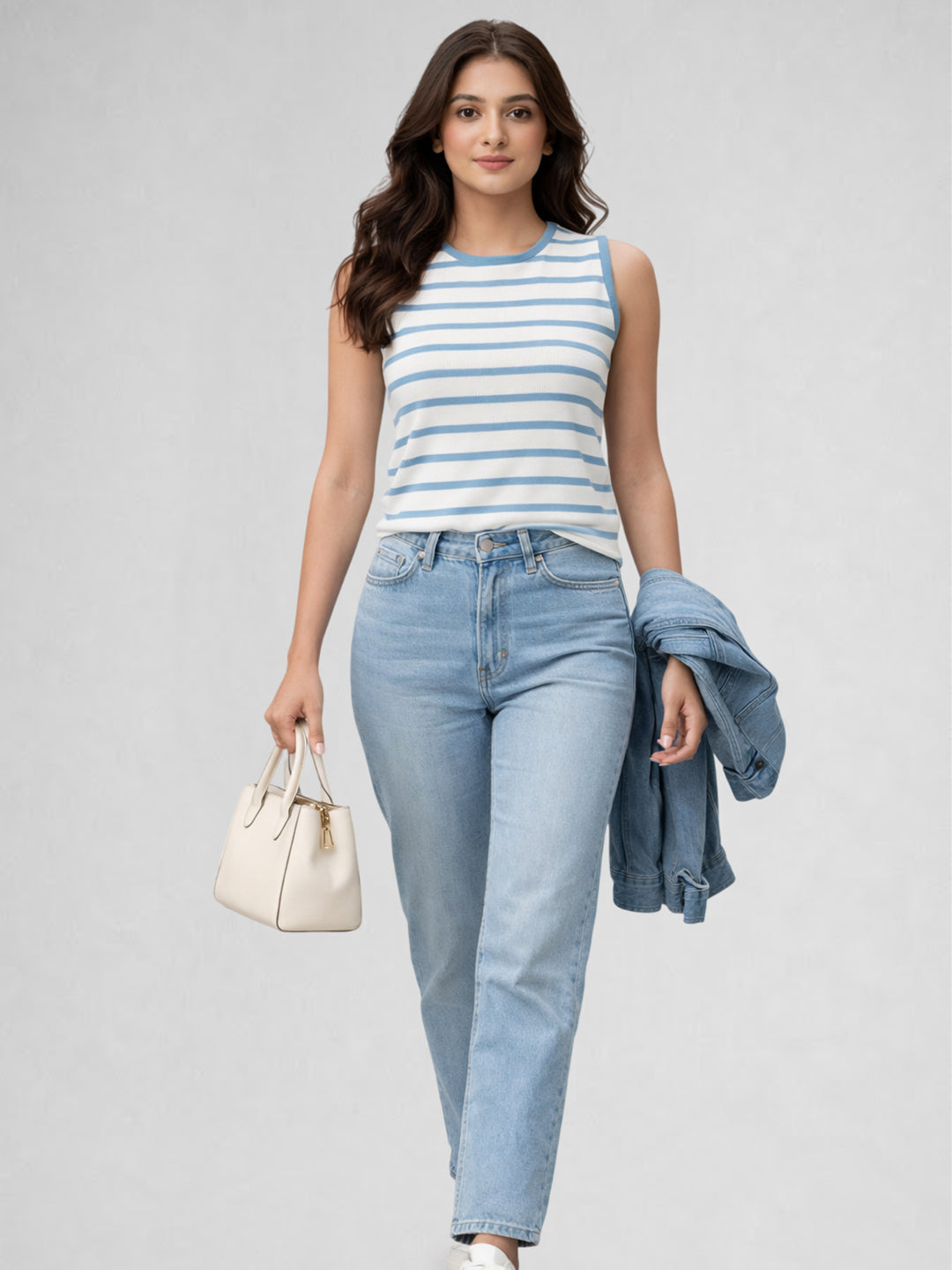 Women Cotton Striped Sleeveless Tank Top – Turquoise Blue