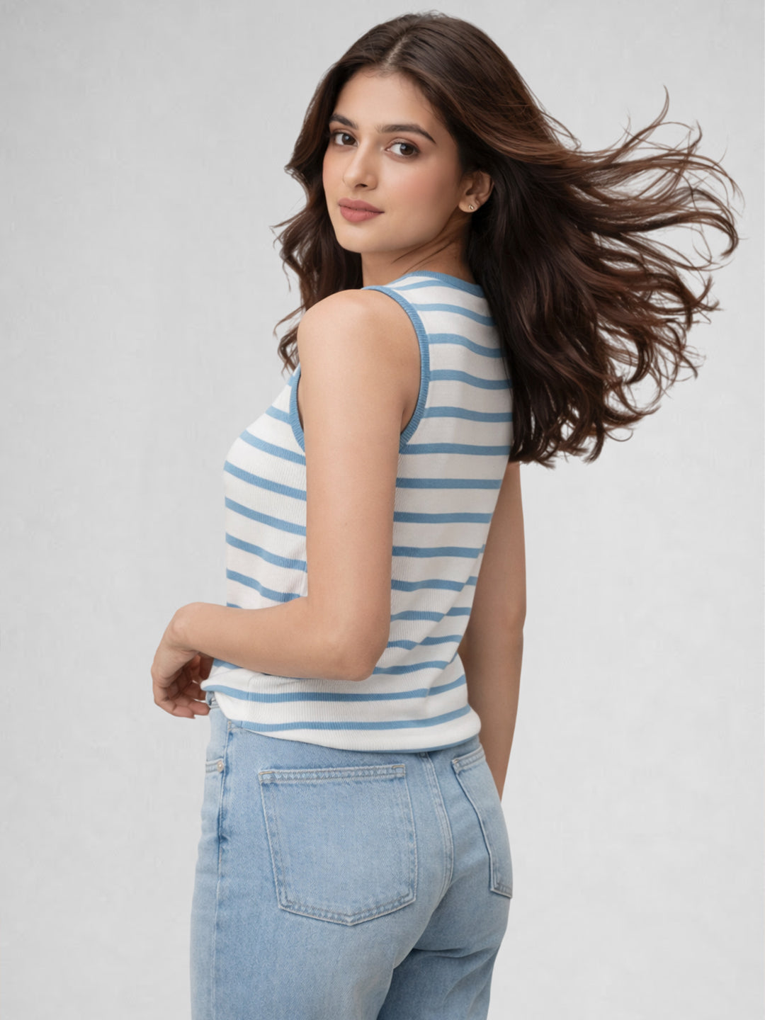 Women Cotton Striped Sleeveless Tank Top – Turquoise Blue