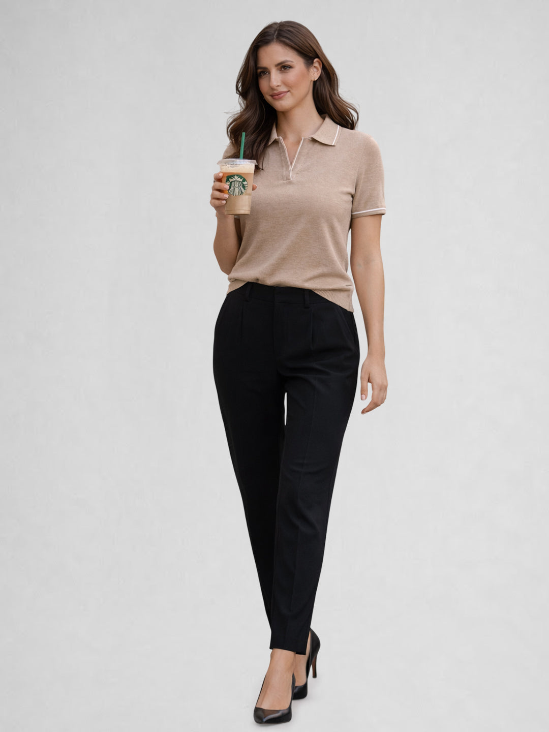 Women Solid Polo Collar Short Sleeve T-Shirt – Beige