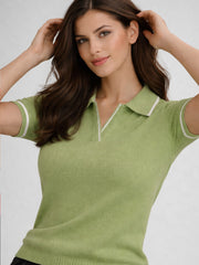 Women Solid Polo Collar Short Sleeve T-Shirt – Lime Green