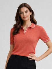 Women Solid Polo Collar Short Sleeve T-Shirt – Coral Pink