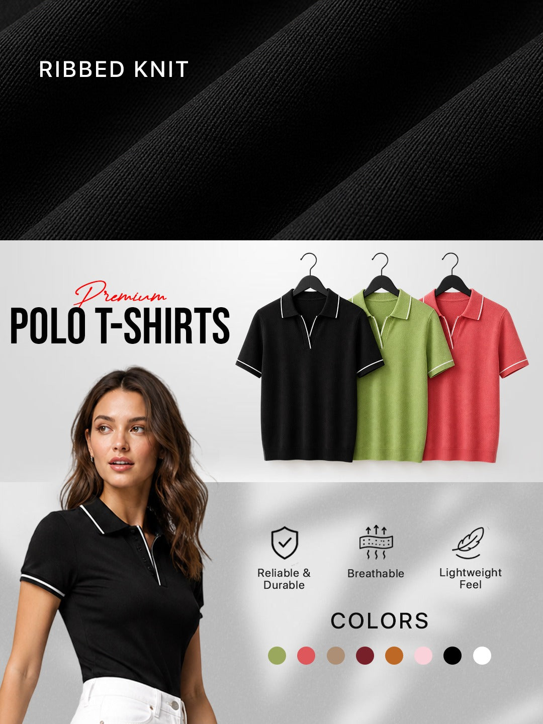 Women Solid Polo Collar Short Sleeve T-Shirt – Rust