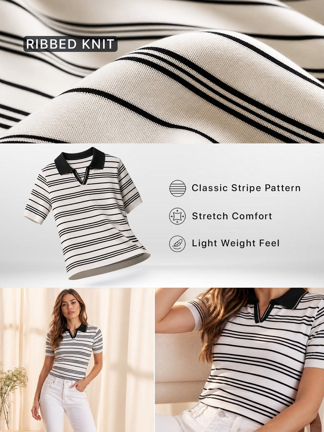 Women White & Blue Striped Polo Collar T-Shirt