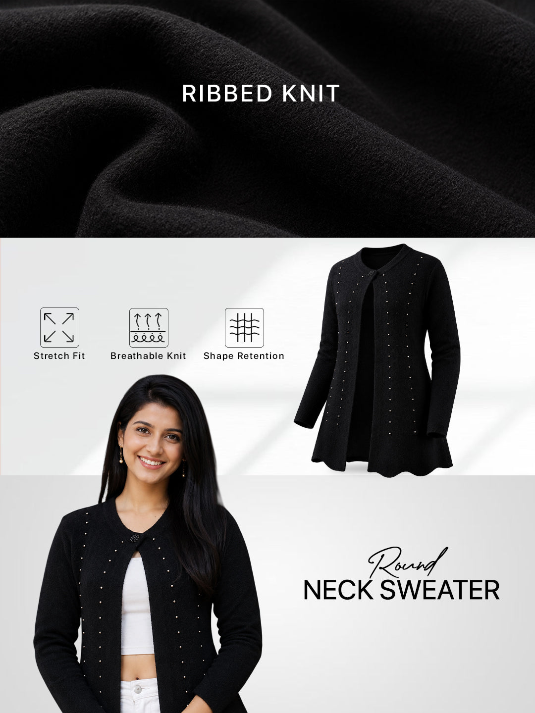 Women Black Pearl Embellished Longline Cardigan