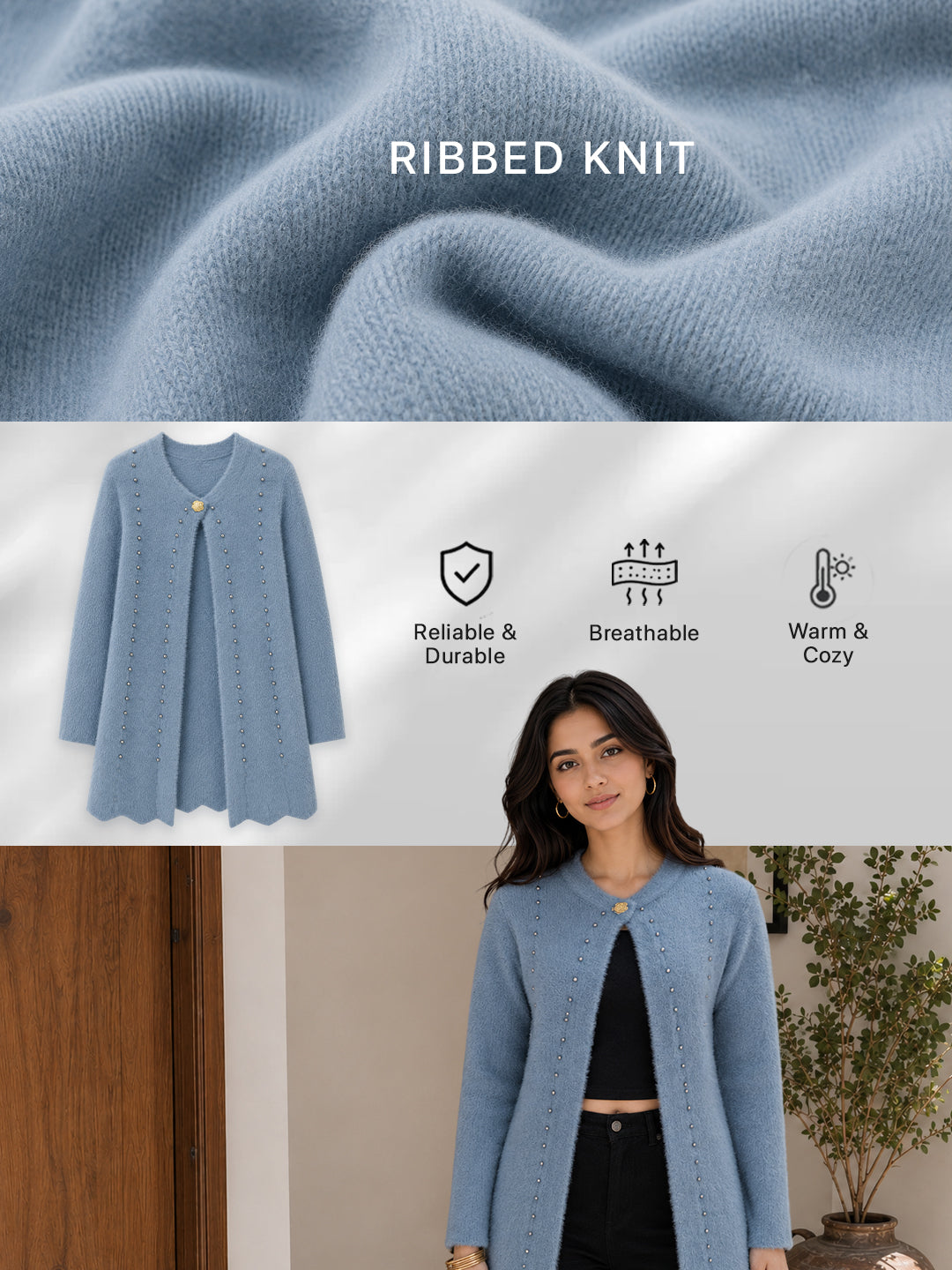 Women Sky Blue Pearl Embellished Longline Cardigan
