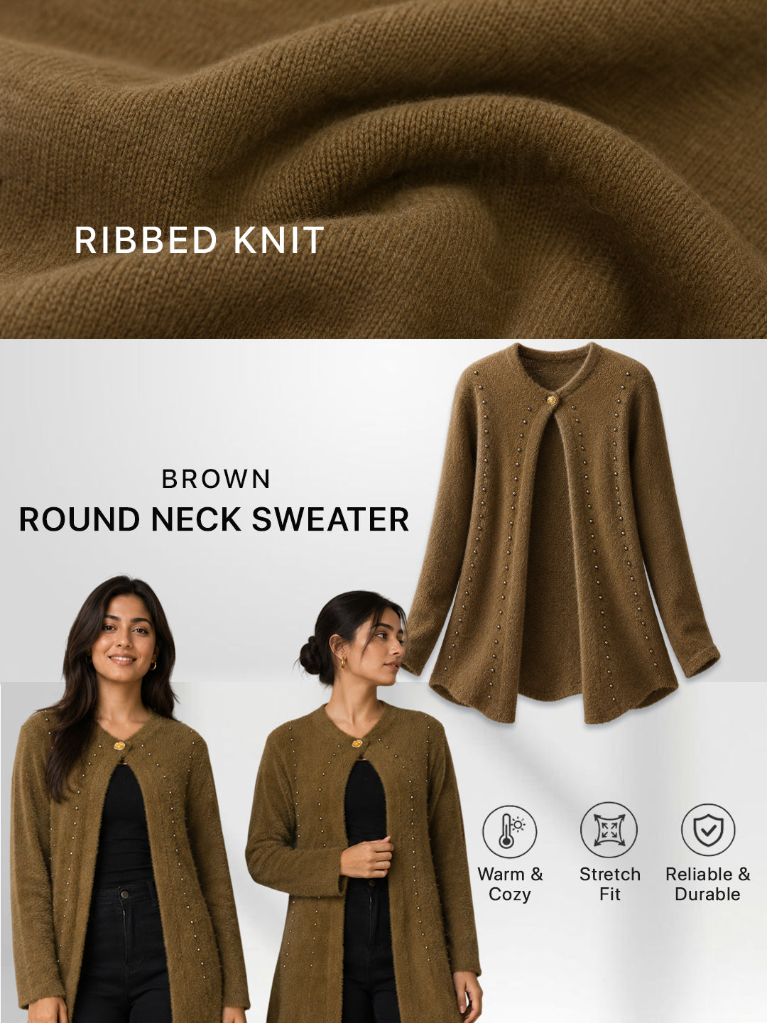 Women Brown Pearl Embellished Longline Cardigan