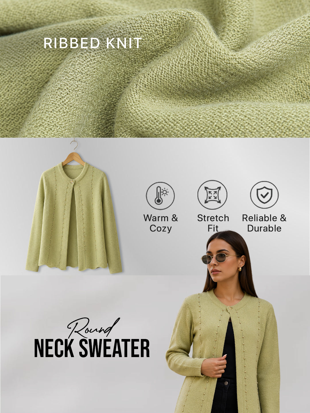 Women Pista Green Pearl Embellished Longline Cardigan