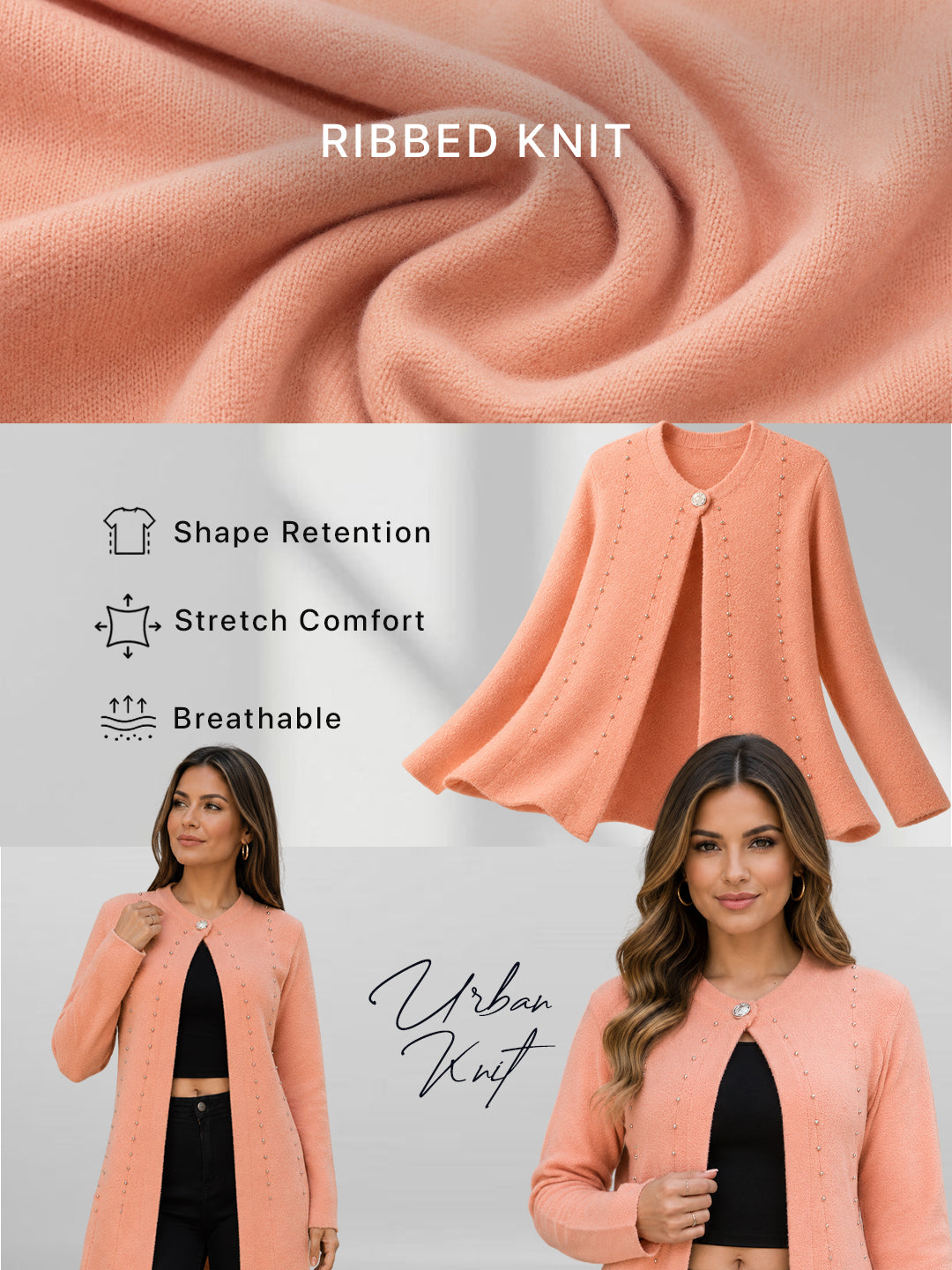 Women Peach Orange Pearl Embellished Longline Cardigan