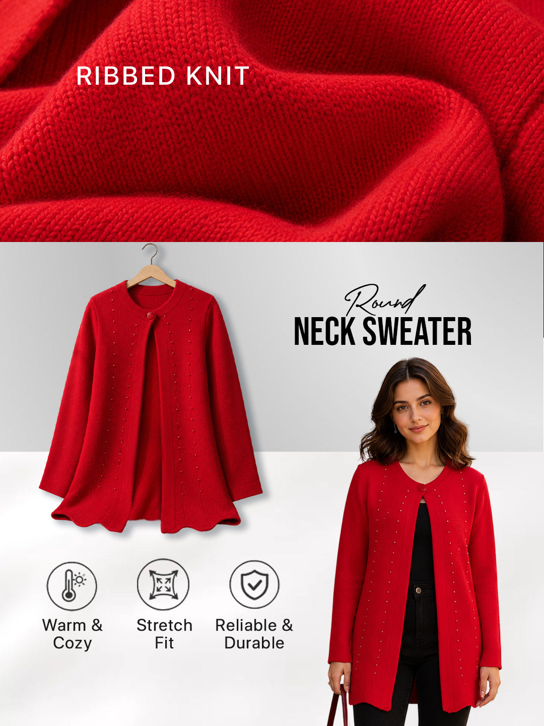 Women Red Pearl Embellished Longline Cardigan