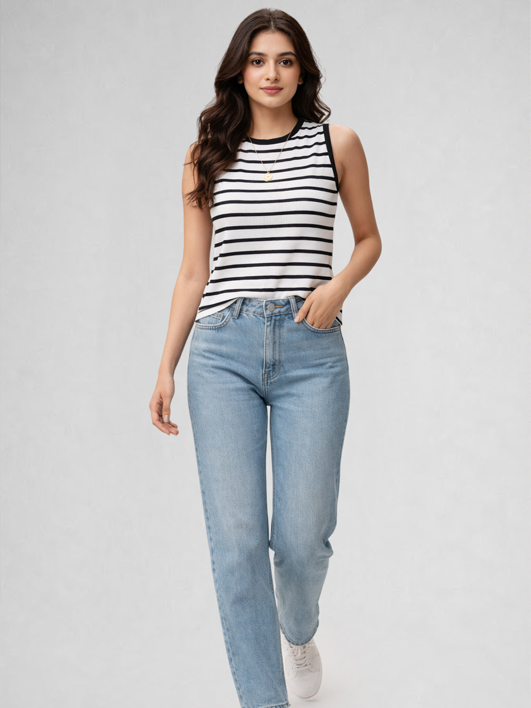 Women Cotton Striped Sleeveless Tank Top – Black