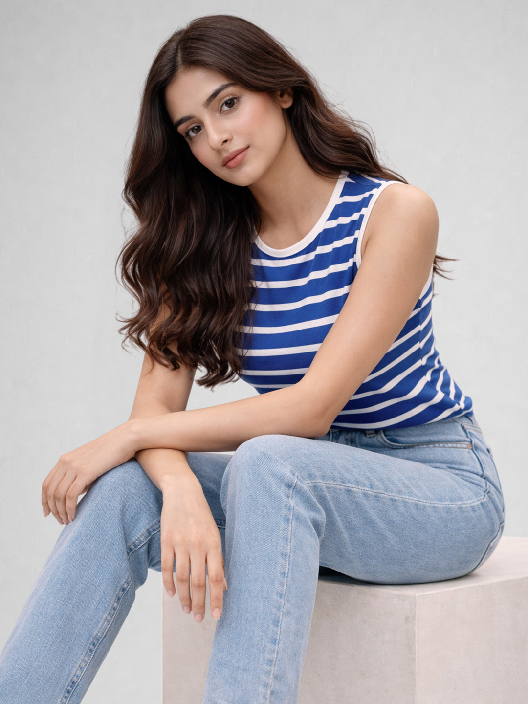 Women Cotton Striped Sleeveless Tank Top – Blue