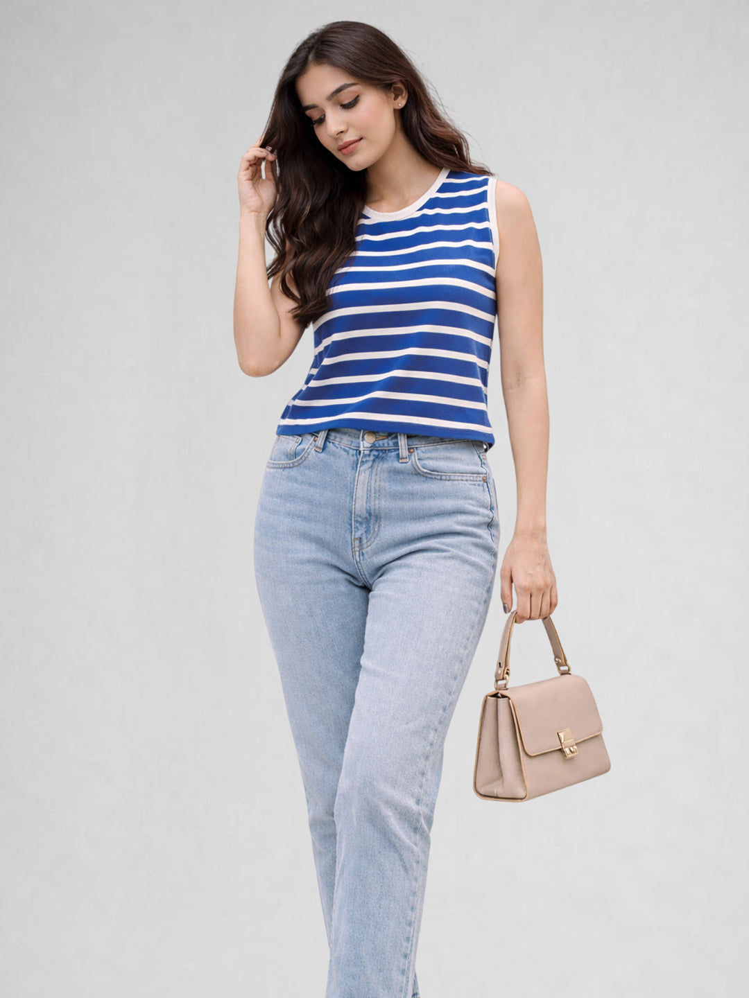 Women Cotton Striped Sleeveless Tank Top – Blue