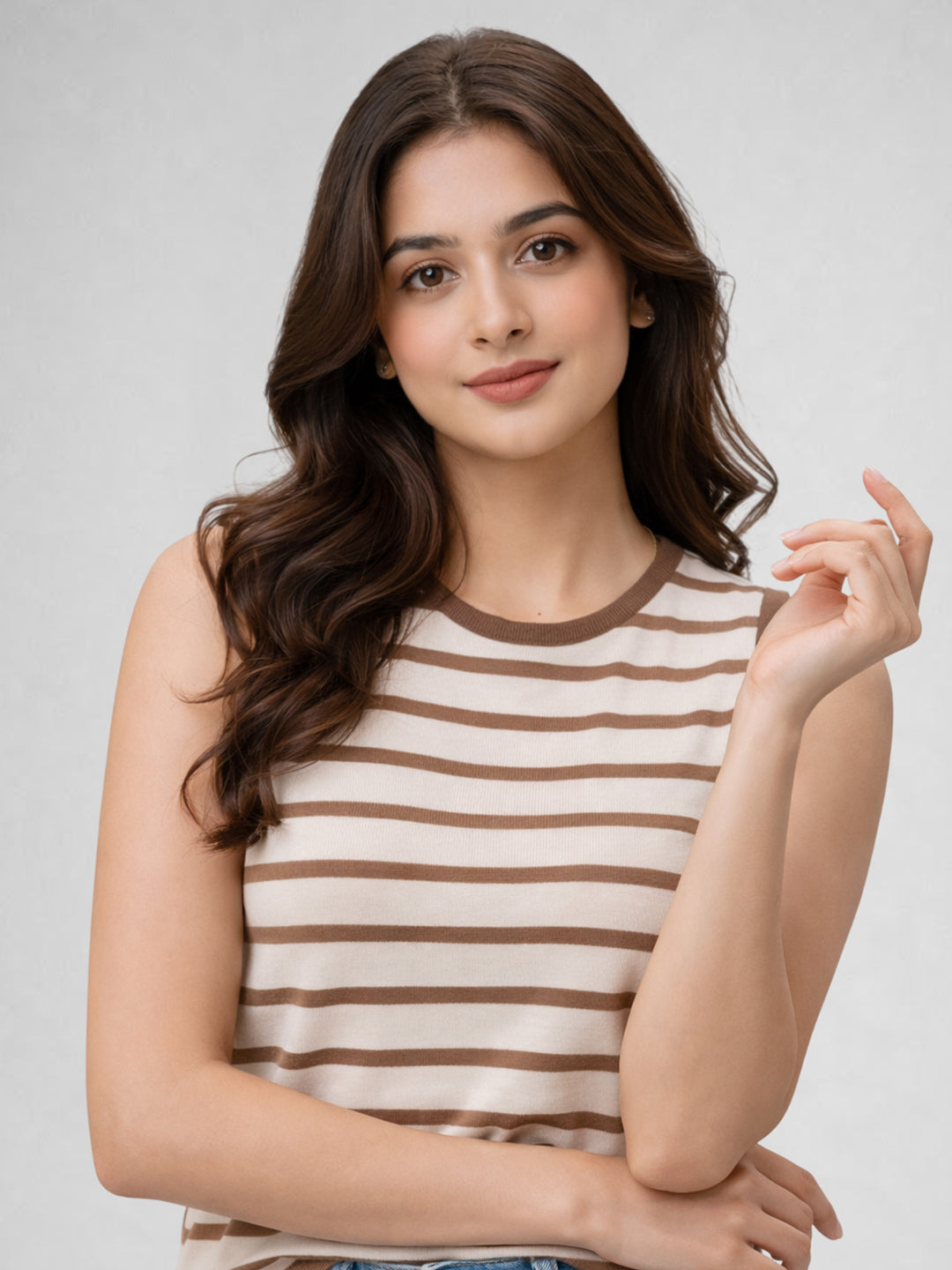 Women Cotton Striped Sleeveless Tank Top – Brown