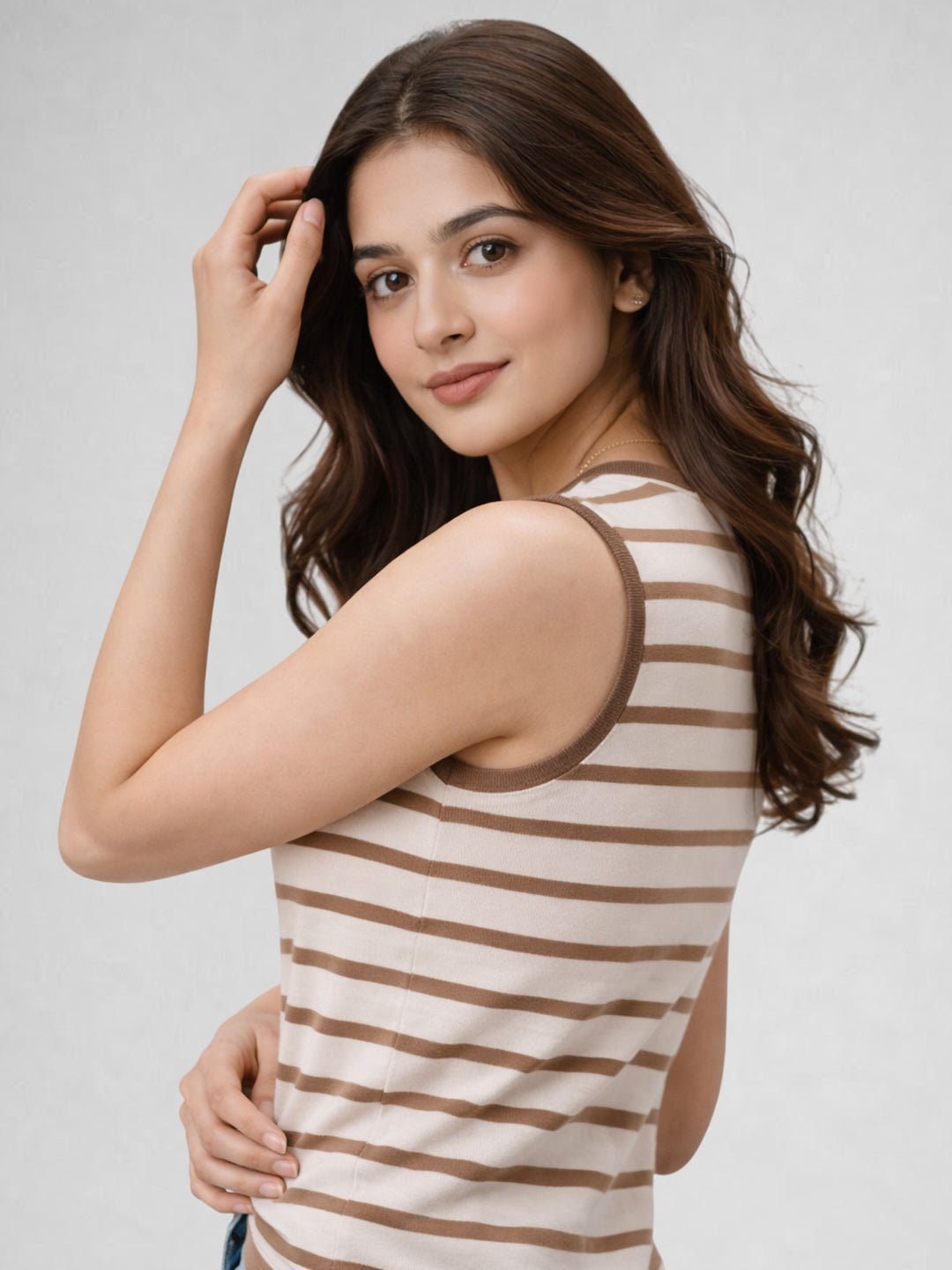Women Cotton Striped Sleeveless Tank Top – Brown