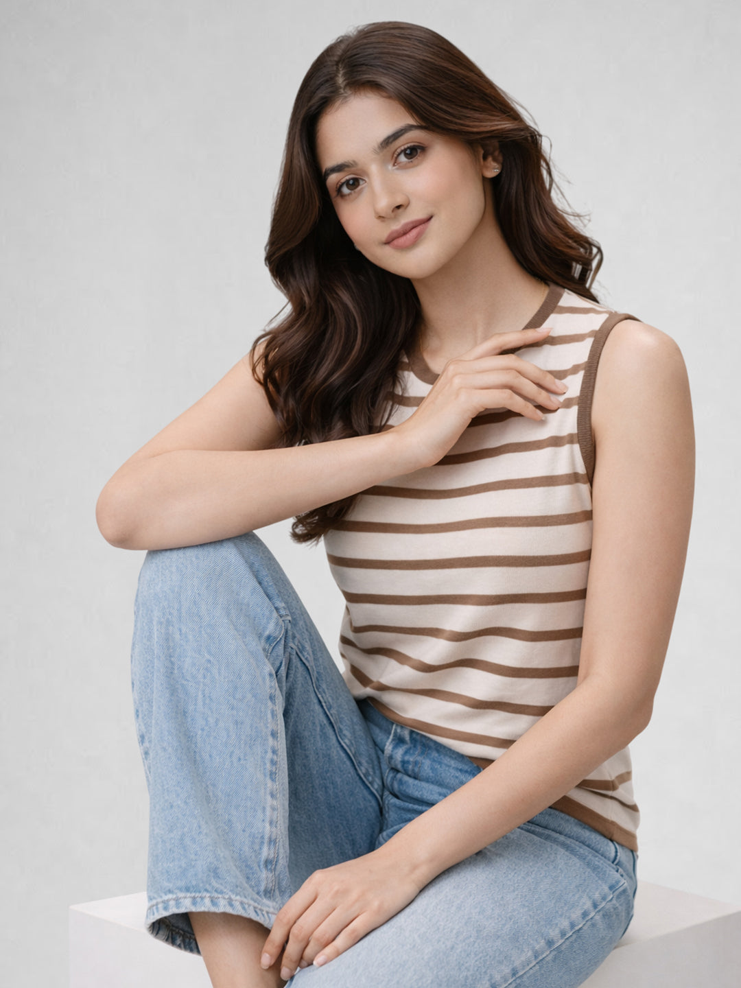 Women Cotton Striped Sleeveless Tank Top – Brown