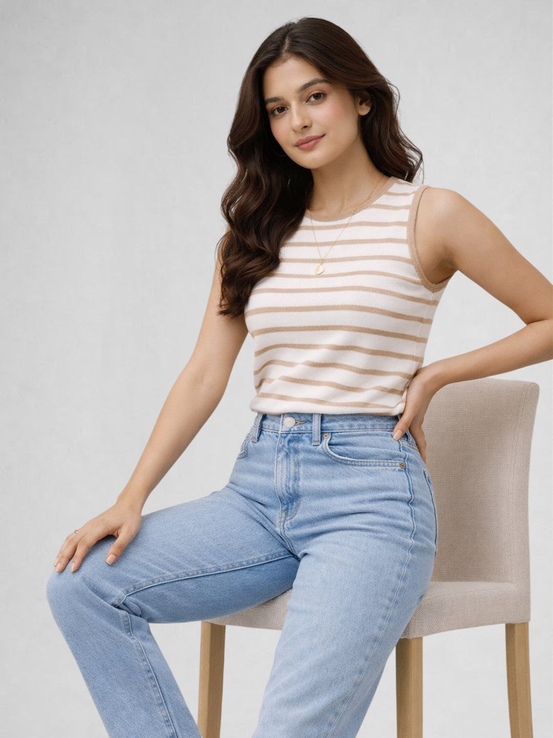 Women Cotton Striped Sleeveless Tank Top – Beige