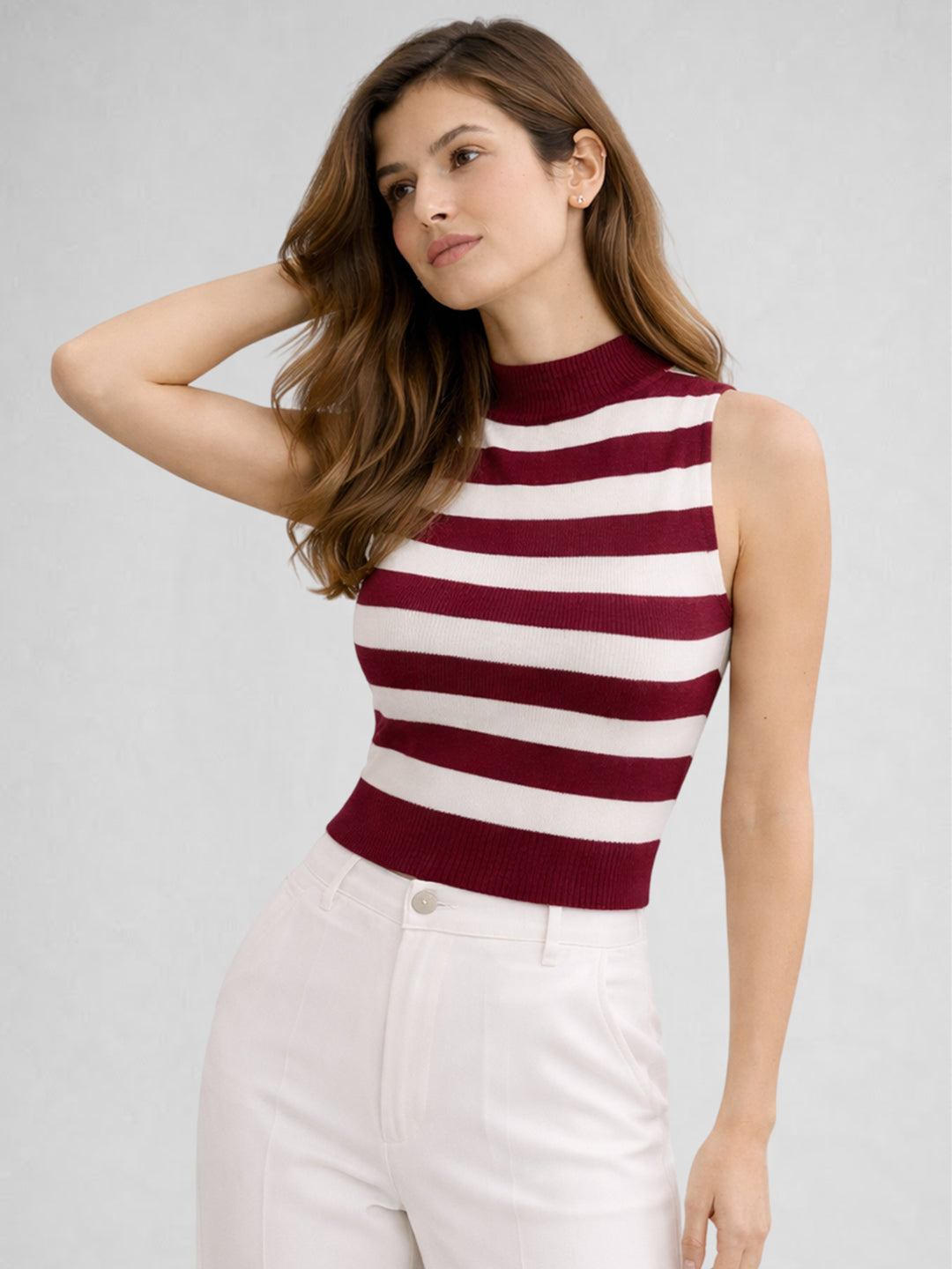 Women Cotton Striped High Neck Sleeveless Crop Top – Maroon