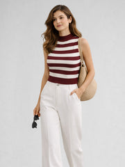 Women Cotton Striped High Neck Sleeveless Crop Top – Maroon