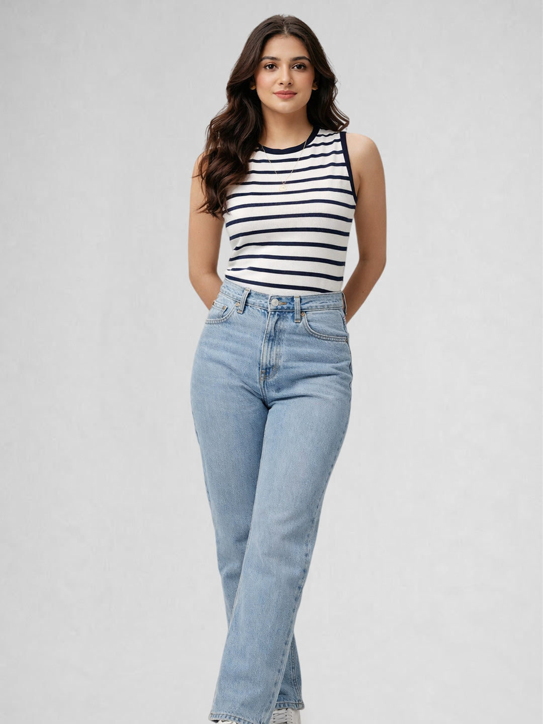 Women Cotton Striped Sleeveless Tank Top – Navy Blue