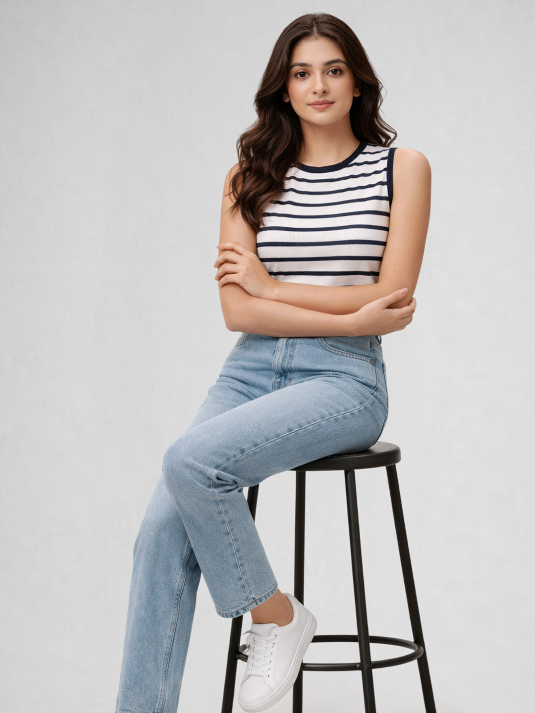Women Cotton Striped Sleeveless Tank Top – Navy Blue