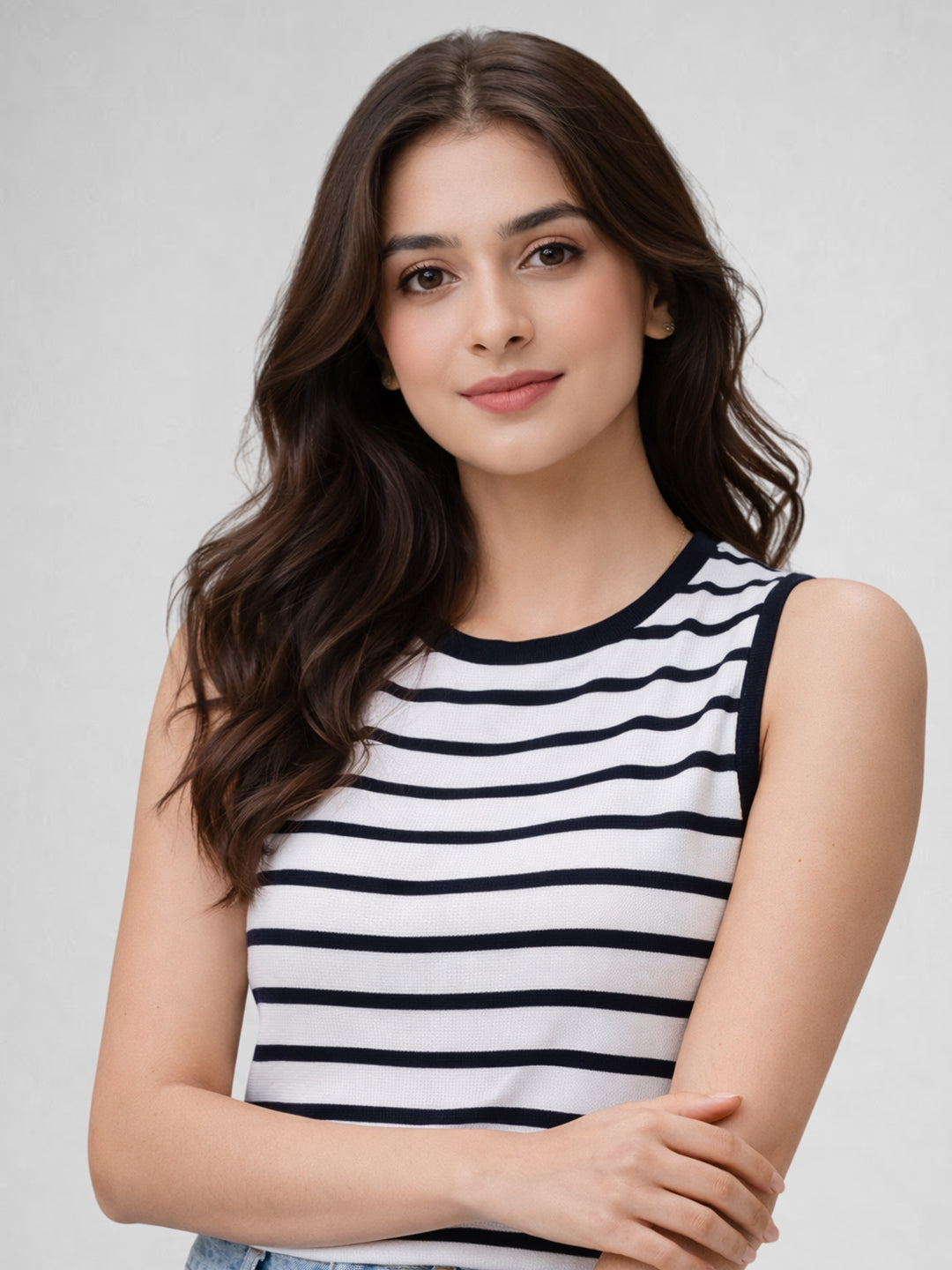 Women Cotton Striped Sleeveless Tank Top – Navy Blue